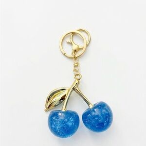 Gold Cherry Keychain with Blue Resin Cherries